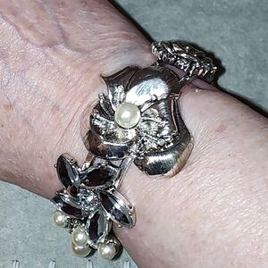 Vintage Silver Tone Cuff Hinged Bracelet With Rhinestones And Faux Pearls